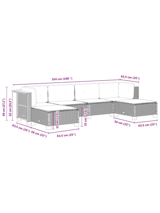 6-osaline aiadiivani komplekt patjadega, hall, polürotang