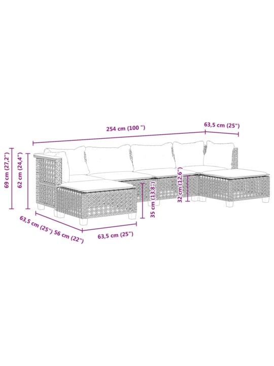 6-osaline aiadiivani komplekt patjadega, hall, polürotang