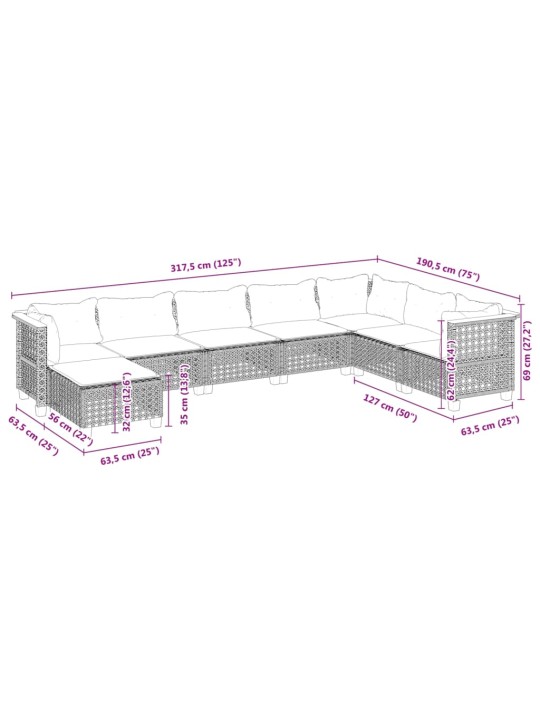 8-osaline aiadiivani komplekt patjadega, hall, polürotang