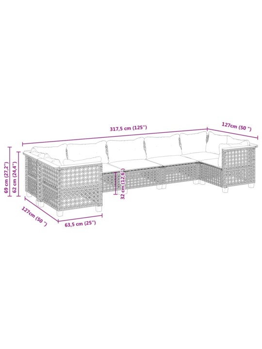 7-osaline aiadiivani komplekt patjadega, hall, polürotang