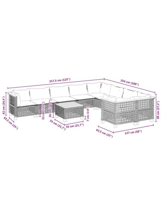 10-osaline aiadiivani komplekt patjadega, hall, polürotang