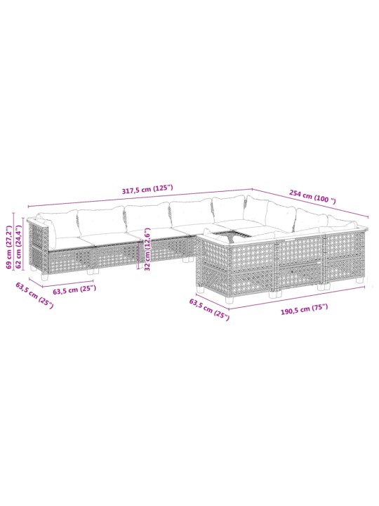 10-osaline aiadiivani komplekt patjadega, hall, polürotang