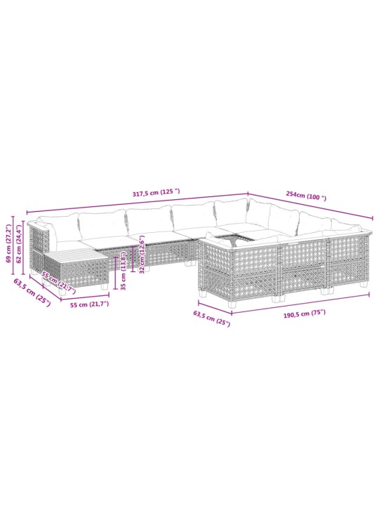 11-osaline aiadiivani komplekt patjadega, hall, polürotang