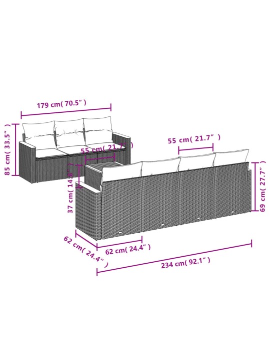 8-osaline aiadiivani komplekt patjadega, hall, polürotang