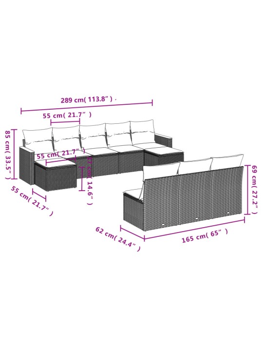 10-osaline aiadiivani komplekt patjadega, hall, polürotang