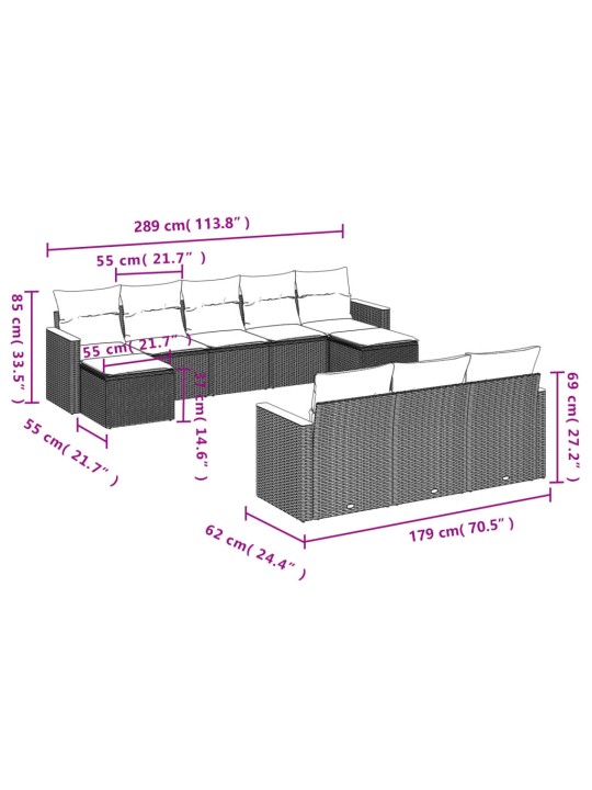 10-osaline aiadiivani komplekt patjadega, hall, polürotang