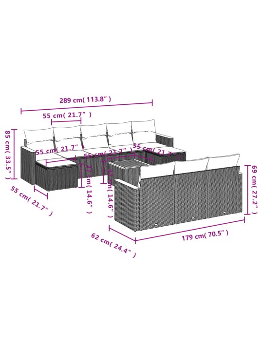 11-osaline aiadiivani komplekt patjadega, hall, polürotang