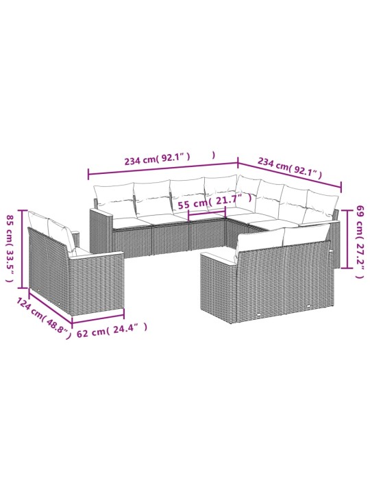 11-osaline aiadiivani komplekt patjadega, hall, polürotang