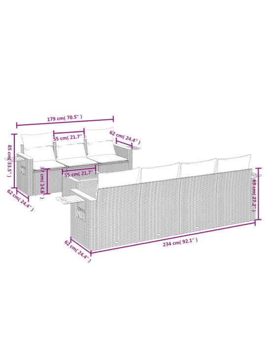 8-osaline aiadiivani komplekt patjadega, hall, polürotang