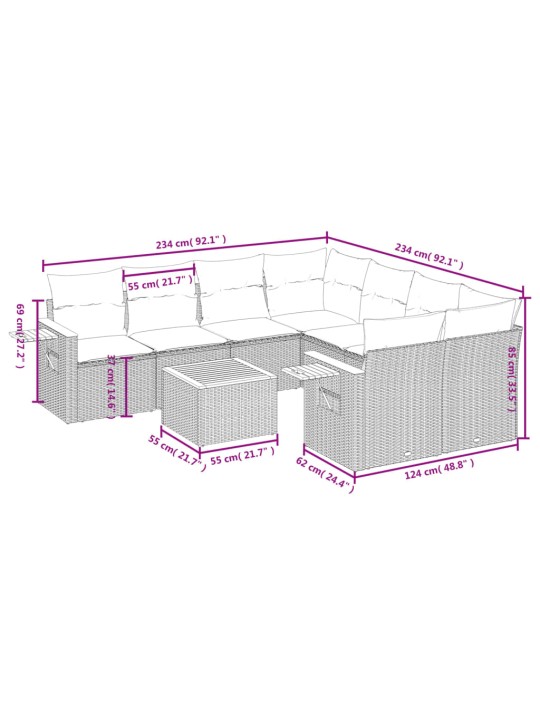 9-osaline aiadiivani komplekt patjadega, hall, polürotang