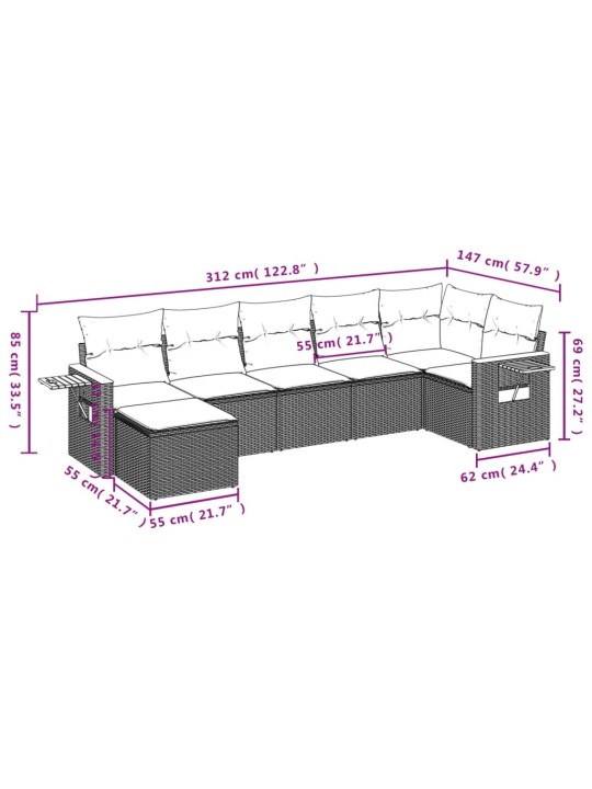 7-osaline aiadiivani komplekt patjadega, hall, polürotang