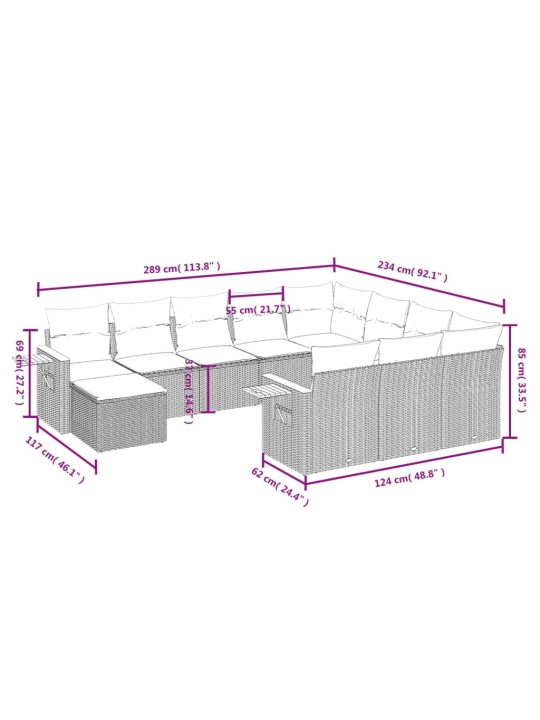 11-osaline aiadiivani komplekt patjadega, hall, polürotang