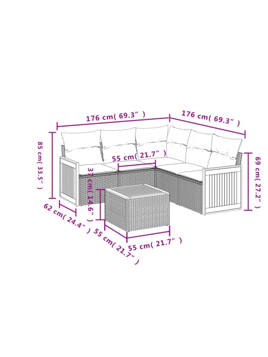 6-osaline aiadiivani komplekt patjadega, hall, polürotang