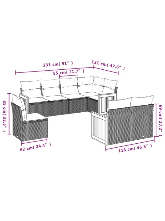 8-osaline aiadiivani komplekt patjadega, hall, polürotang