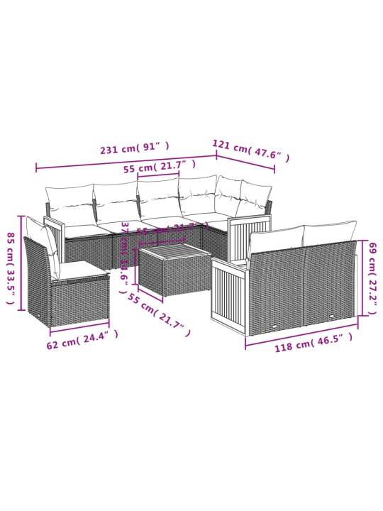 9-osaline aiadiivani komplekt patjadega, hall, polürotang