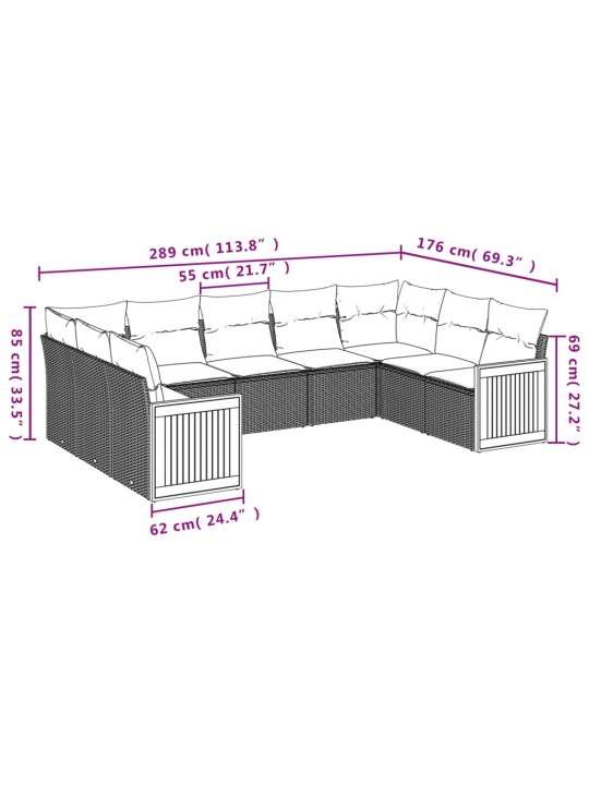 9-osaline aiadiivani komplekt patjadega, hall, polürotang