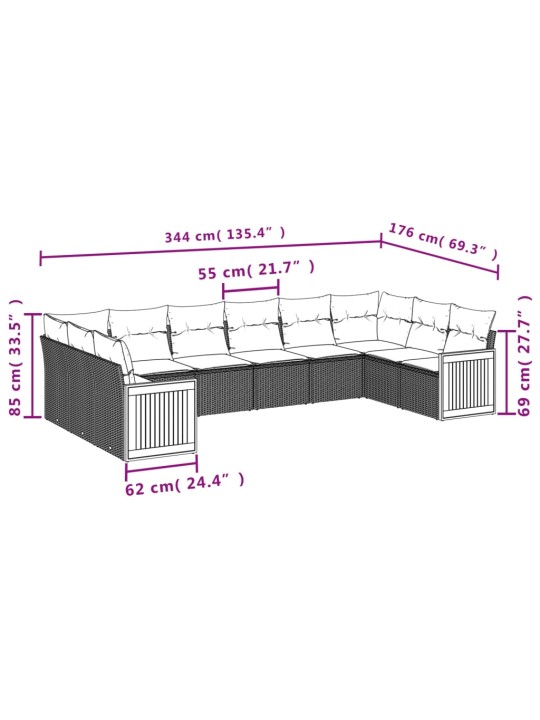 10-osaline aiadiivani komplekt patjadega, must, polürotang