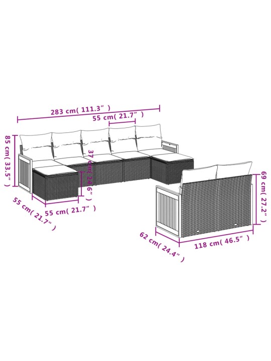 9-osaline aiadiivani komplekt patjadega, hall, polürotang