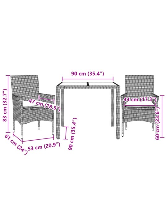 3-osaline aiamööbli komplekt patjadega, pruun, polürotang/klaas