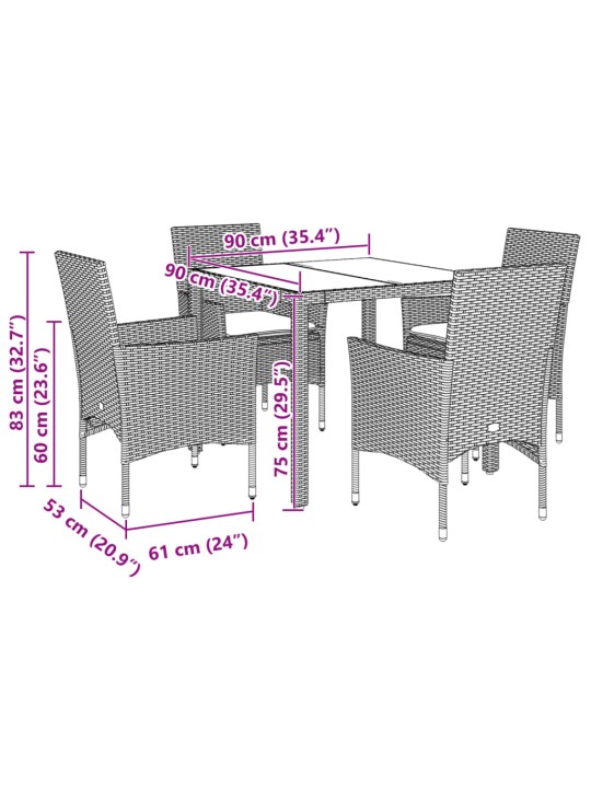 5-osaline aiamööbli komplekt patjadega, pruun, polürotang/klaas