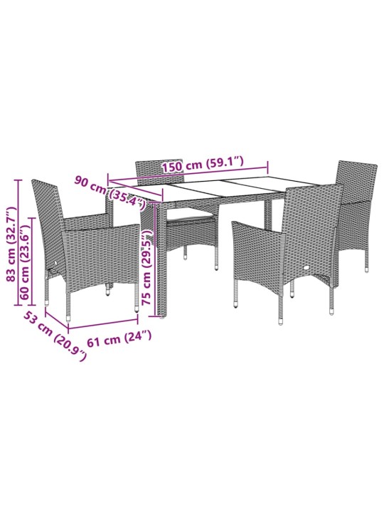 5-osaline aiamööbli komplekt patjadega, pruun, polürotang/klaas