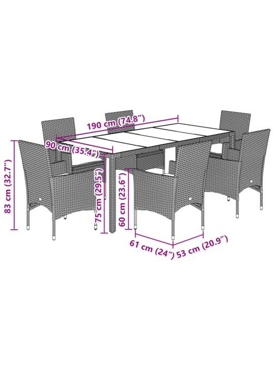 7-osaline aia söögimööbli komplekt patjadega, pruun