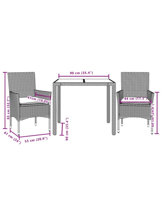 3-osaline aiamööbli komplekt patjadega, beež, polürotang/klaas