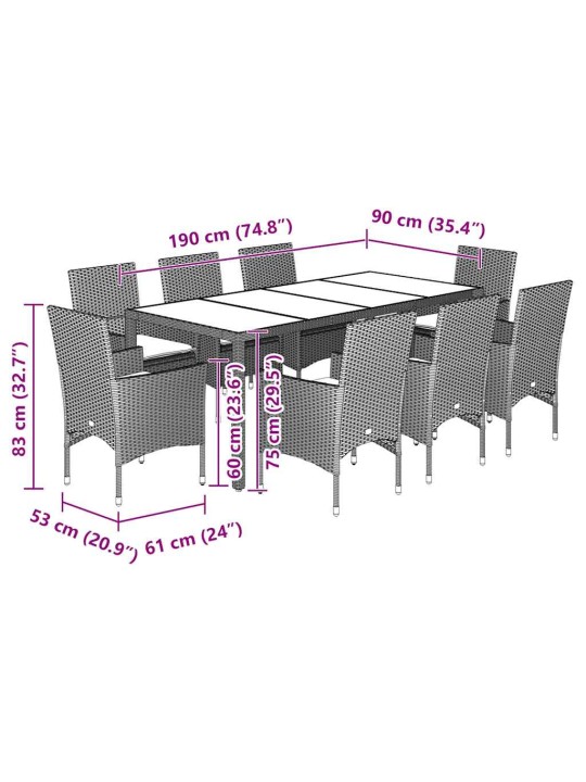 9-osaline aiamööbli komplekt patjadega, beež, polürotang/klaas
