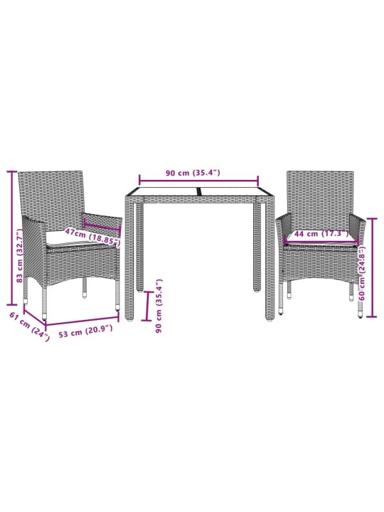 3-osaline aiamööbli komplekt patjadega, beež, polürotang/klaas