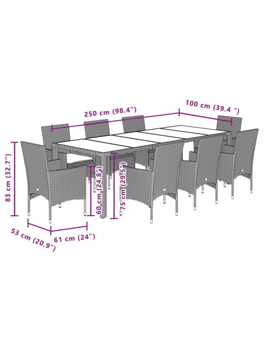 9-osaline aiamööbli komplekt patjadega, beež, polürotang/klaas