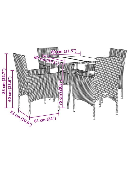 5-osaline aiamööbli komplekt patjadega, pruun, polürotang/klaas
