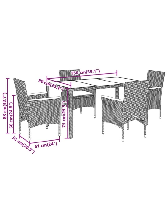 5-osaline aiamööbli komplekt patjadega must, pe-rotang/akaatsia