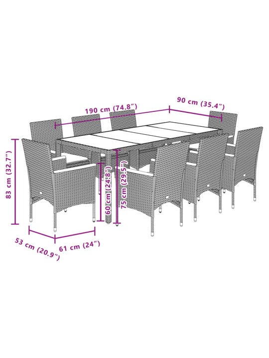 9-osaline aiamööbli komplekt patjadega, beež, polürotang/klaas