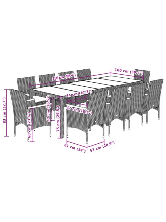 11-osaline aiamööbli komplekt patjadega, beež, polürotang/klaas