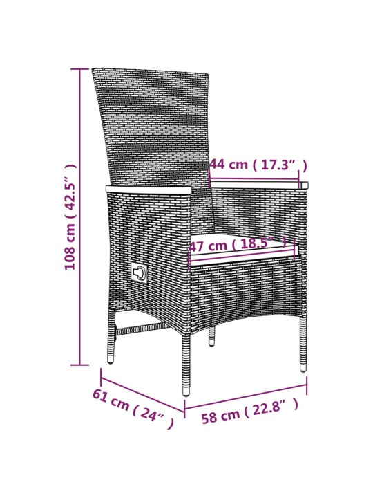 3-osaline aiamööbli komplekt patjadega, must, polürotang