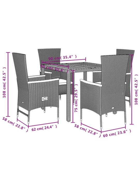 5-osaline aiamööbli komplekt patjadega, must, polürotang