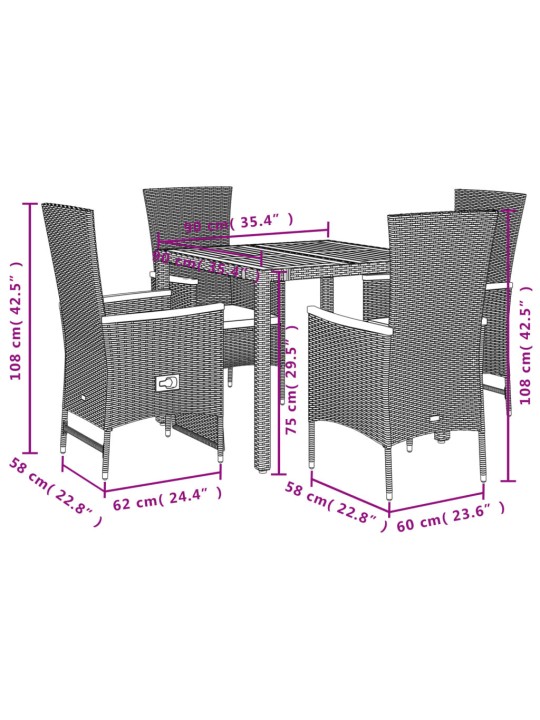 5-osaline aiamööbli komplekt patjadega, must, polürotang