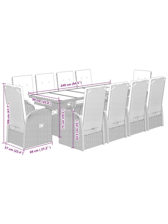 11-osaline aia söögimööbli komplekt patjadega, hall, polürotang