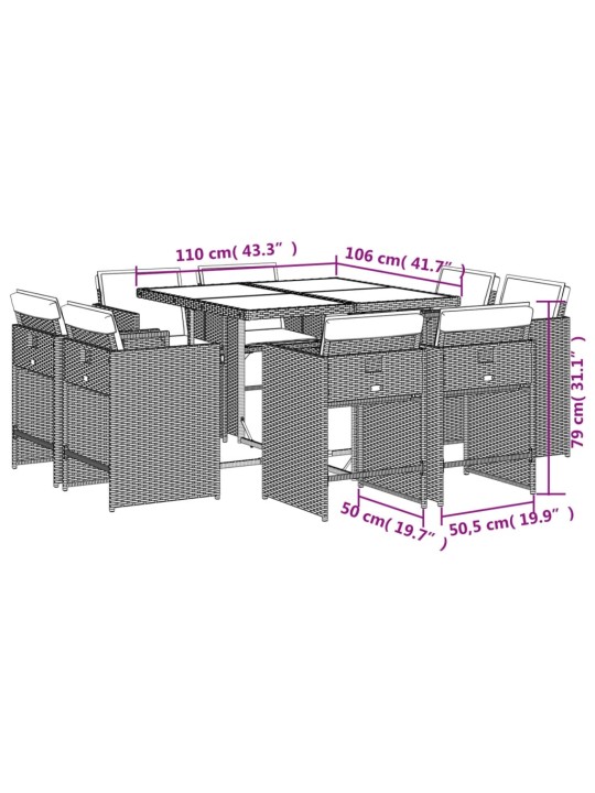 9-osaline aia söögimööbli komplekt patjadega, pruun, polürotang
