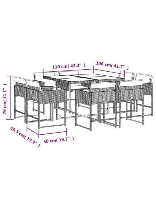 9-osaline aiamööbli komplekt patjadega, must, polürotang