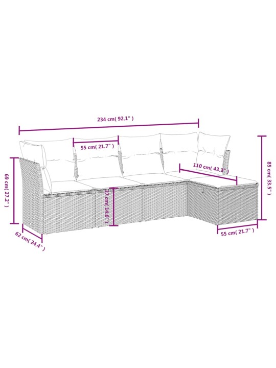 5-osaline aiamööblikomplekt istmepatjadega, polürotang, hall