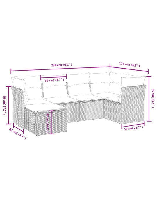 6-osaline aiadiivani komplekt patjadega, hall, polürotang