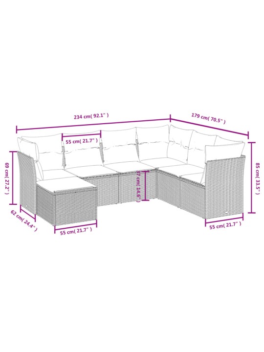 7-osaline aiadiivani komplekt patjadega, hall, polürotang