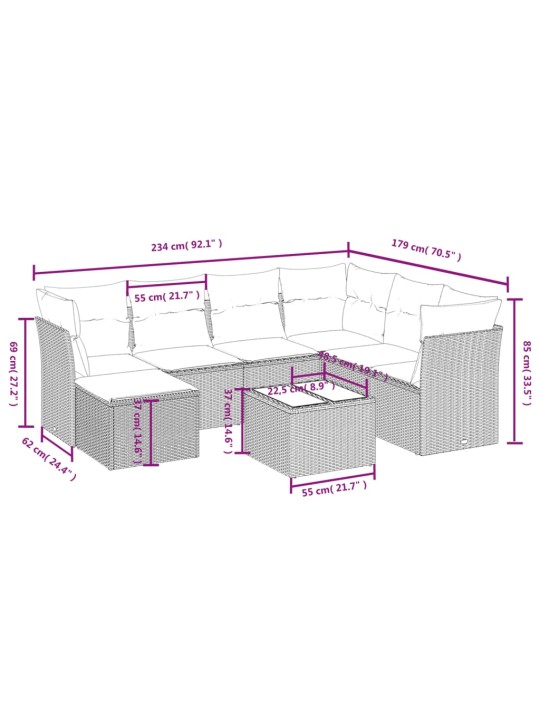 8-osaline aiadiivani komplekt patjadega, hall, polürotang