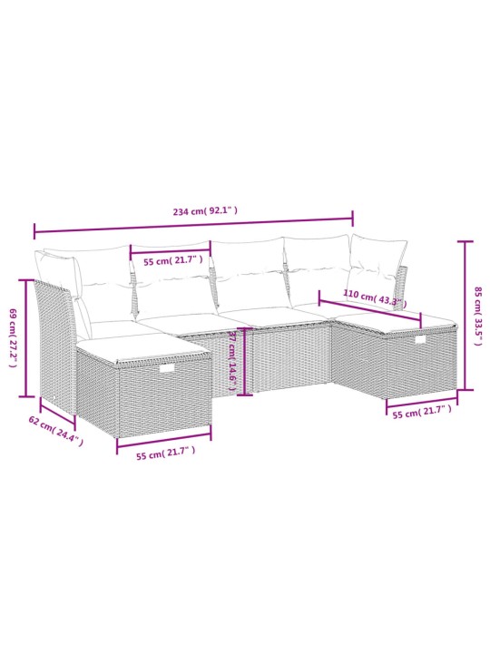 6-osaline aiadiivani komplekt patjadega, hall, polürotang