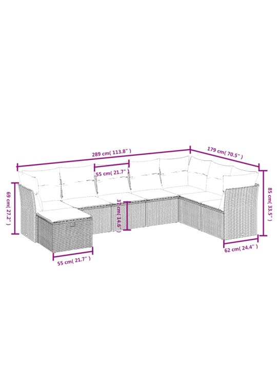 8-osaline aiadiivani komplekt patjadega, hall, polürotang