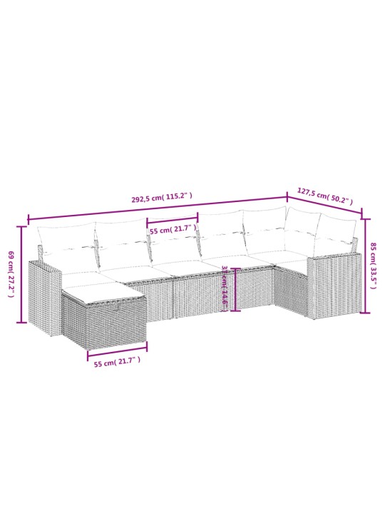 7-osaline aiamööblikomplekt patjadega, helehall, polürotang