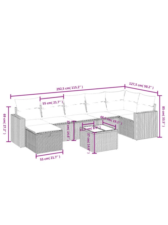 8-osaline aiadiivani komplekt patjadega, hall, polürotang