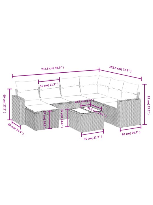 8-osaline aiadiivani komplekt patjadega, hall, polürotang