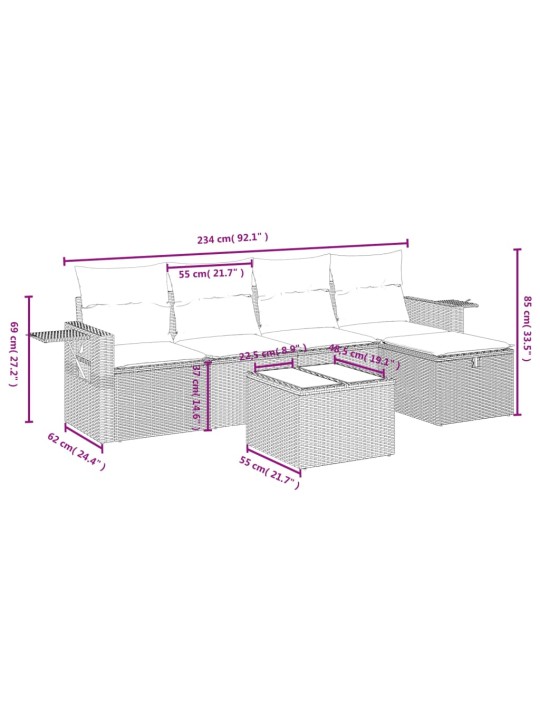 6-osaline aiadiivani komplekt patjadega, hall, polürotang